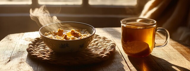 cozy, breakfast concept, creamy oatmeal with honey and walnuts , glass of tea with lemon slice on wooden table, near window with morning light. banner 