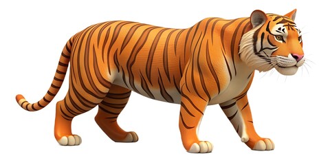 Cute cartoon tiger walking with orange and black stripes on white background