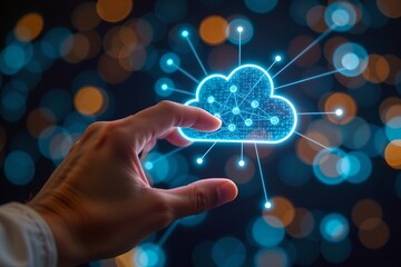 macro front icon of digital hand touching ai data cloud with connected smart network.