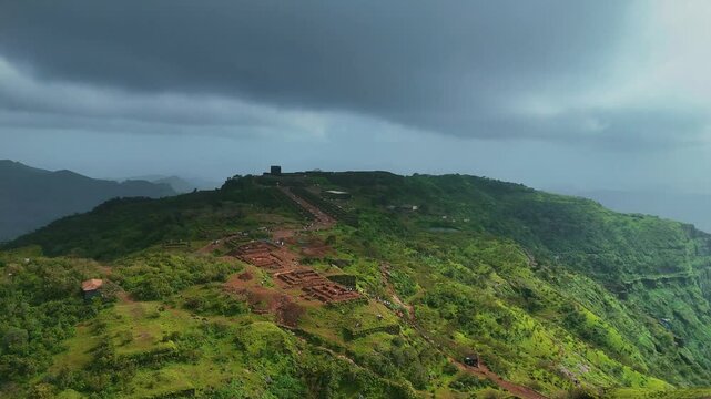 Chhatrapati Shivaji Maharaj&rsquo;s Raigad Fort &ndash; 4K Drone Stock Footage-Raigad Fort Sunrise Aerial | Western Ghat Heritage | 4K - Epic Drone Shots of Raigad Fort | Maharashtra Forts | 4K