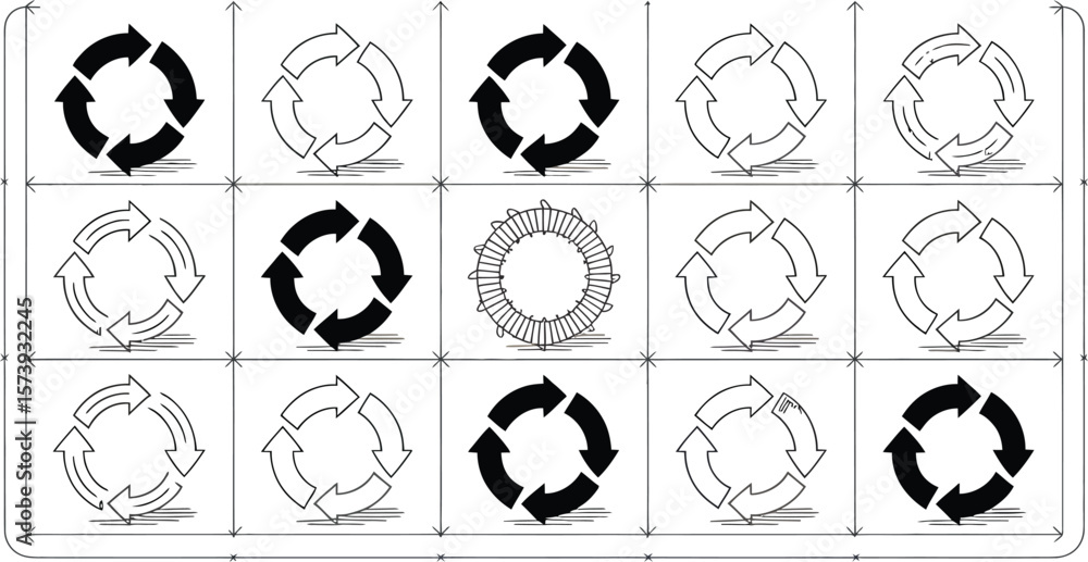 Poster illustration of circular arrow icons arranged in a grid pattern with varying styles and fill states