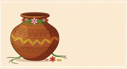 Flat vector design of traditional clay pot with sacred thread and flowers, soft pastel background
