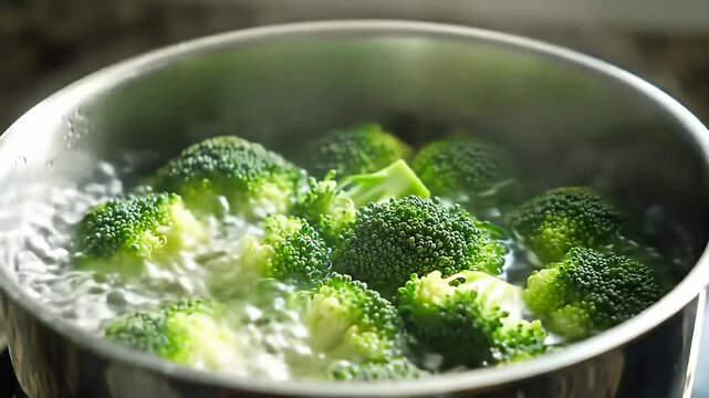 Boiling broccoli florets in a silver pot with steam rising