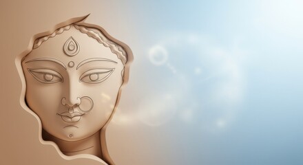 Minimalist line art of Durga's face emerging from clay against a soft glowing background.