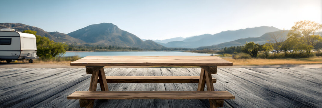 empty tabletop for product display in camper van trailer parking lot with picnic table and mountain water landscape, concept of table top counter podium dais for camping background banner copy space