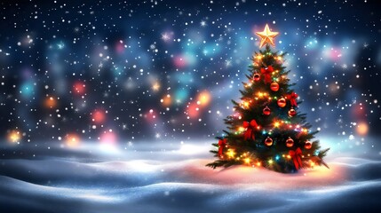 Obraz premium Christmas Tree with Star Topper and Red Ornaments Glowing in a Snowy Landscape Under a Night Sky with Falling Snowflakes and Bokeh Lights