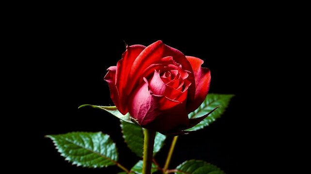 Timelapse of Beautiful red rose blossom close up on black background for floral design and valentine's day cards