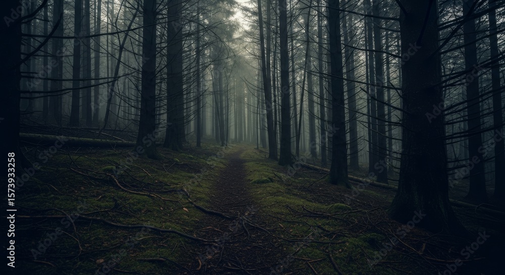 Poster mysterious forest path - a dimly lit path winds through a dense, foggy forest. tall trees line the w