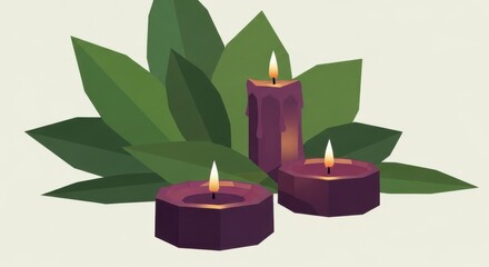 Calming Ambiance with Three Lit Violet Candles and Lush Green Leaves for Relaxation and Wellness