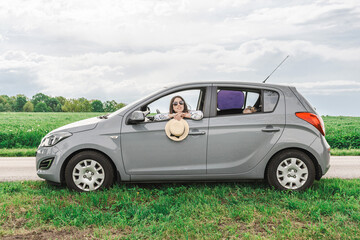 Child in car. Family vacation trip road. Seat travel freedom summer.