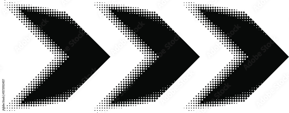 Poster three black halftone arrows pointing right in a row on a light gray background in a simple design