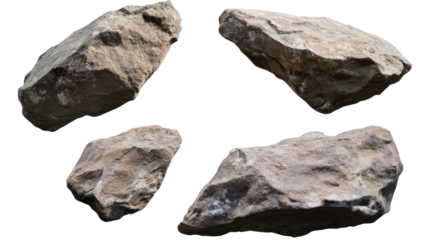 Collection of Four Irregular Natural Rocks with Rough Textures on Transparent Background