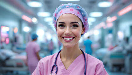 Smiling Nurse Wearing Pink Scrub Suit in Hospital Corridor