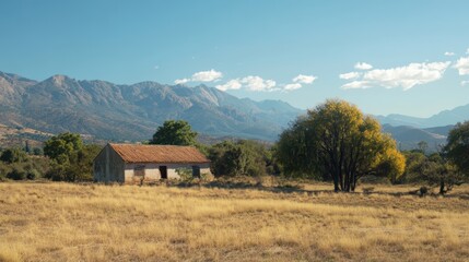 Tranquil rural landscape with old building and distant mountains