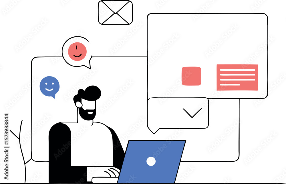 Fototapete Man Using Laptop with Messaging and Communication Icons - Outline Illustration