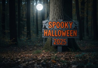 Spooky Halloween Forest Sign 2025 - A spooky Halloween sign in a dark forest at night, symbolizing mystery, autumn, celebration, fright, and the upcoming Halloween season