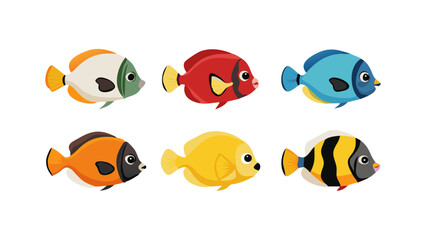 Naklejka premium Colorful Cartoon Fish Grid – Vibrant Flat Vector of Stylized Tropical Fish for Kids, Education & Ocean-Themed Design