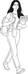 A friendly young female student line art, with a backpack and books, walking cheerfully