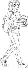 A serious young female student with a backpack and stack of books, walking purposefully.