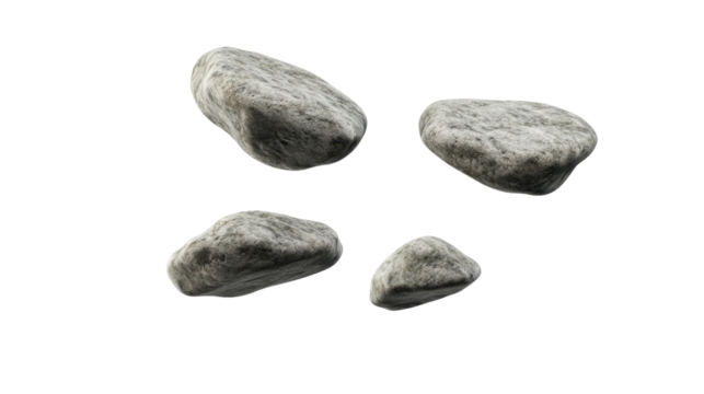Collection of Smooth Grey Stones with Unique Shapes Arranged on a Transparent Background