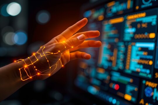 digital hand controlling ai system with glowing network data and computer interface, macro.