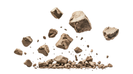 Falling Rocks and Debris with Dust Particles in Motion Against a Transparent Background