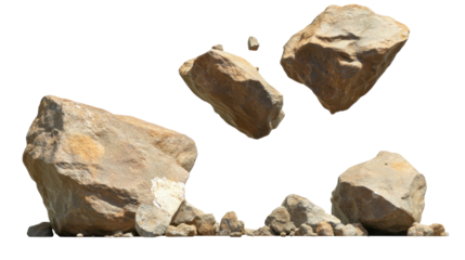 Falling Rocks on Crushed Stone Surface in Natural Environment with Transparent Background