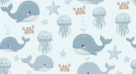 a cute seamless pattern with whales, jellyfish, starfish, and crabs in soft blue tones.