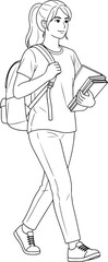 A determined young female student with a backpack and books walking, ready for academia..