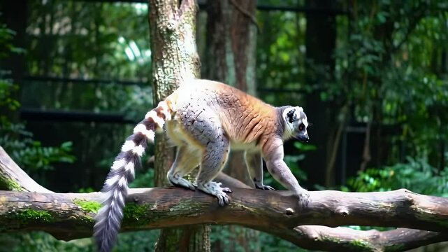 Ring Tailed Lemur Walking on a Branch in a Dense Green Forest Habitat Daytime