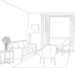 Black and white line art of a therapy living room interior with furniture and a window view.