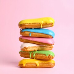 Stacked Colorful Eclairs: A Delightful Composition of Sweet Treats on Pink