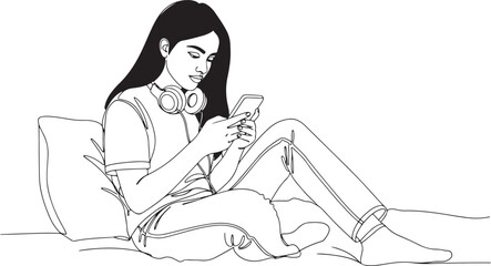  Black and white line art illustration of a young woman using her phone with headphones.