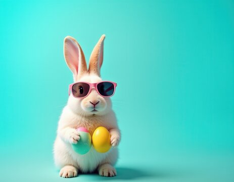 An easter bunny rabbit wearing sunnies shades sunglasses holding colourful easter eggs against a turquoise isolated background with room for text dreamlike imagery subconscious exploration bendi