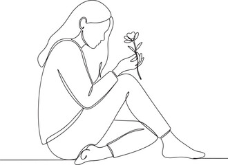 Black continuous line art drawing of a thoughtful woman sitting and holding a flower