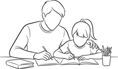 Black line art drawing of a father and daughter doing schoolwork together at a desk.