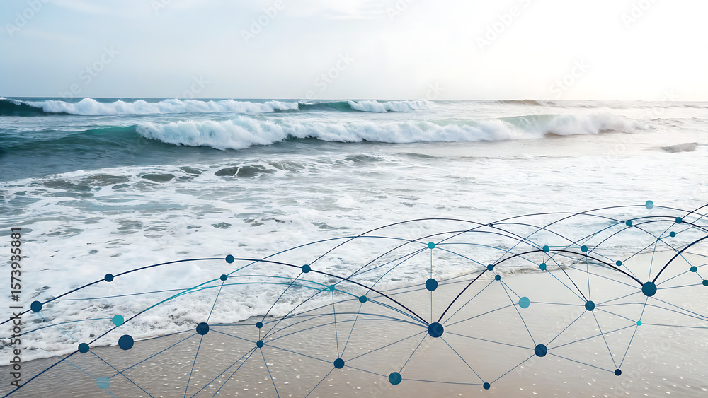Poster ocean waves crashing on sandy beach with network diagram overlayed in the foreground view of the sce