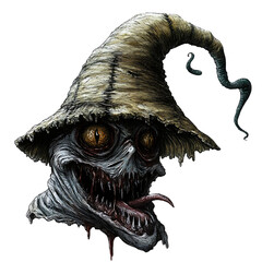 Creepy Scarecrow Head: Halloween Illustration, Dark Fantasy Art, Spooky Character Design