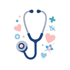 Shiny stethoscope with abstract healthcare elements, medical symbolism