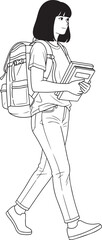  A thoughtful young female student line art, with a backpack and books, walking diligently to class..