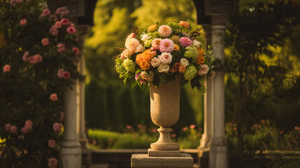 Elegant English garden bouquets in vintage vases, adorned with peonies, tulips and roses and other flowers, displayed in manor garden with dappled light and timeless floral grace