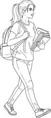 A confident young female student with a backpack walking, carrying books, ready for learning