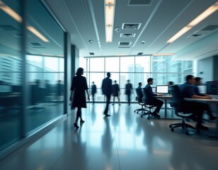 Fototapeta premium Bright business workplace with people in walking in blurred motion in modern office space dreamlike imagery subconscious exploration bending reality imaginative narratives juxtaposing elements e