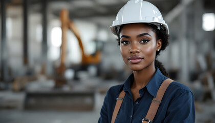 Confident Woman Wearing Hard Hat at Construction Site