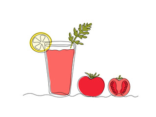Abstract Bloody Mary cocktail and tomato.  continuous single line art drawing sketch, logo