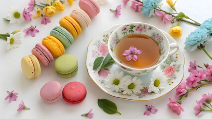 Flatlay of Spring Floral Tea with Assorted Macarons. Perfect for: Easter, bridal showers, spring tea parties