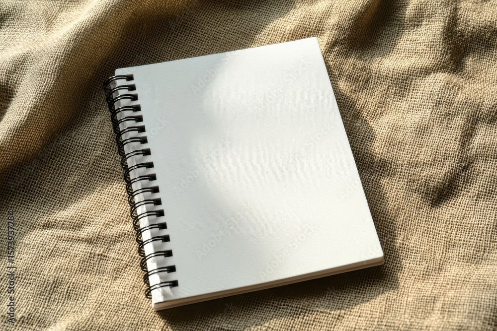 Aufkleber a blank spiral notebook resting on a textured burlap surface with soft lighting and shadows creating