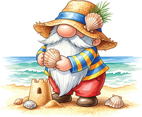 Summer Beach Gnome Building Sandcastle with Seashells

