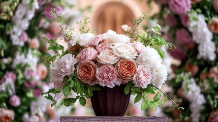 Elegant English garden bouquets in vintage vases, adorned with peonies, tulips and roses and other flowers, displayed in manor garden with dappled light and timeless floral grace