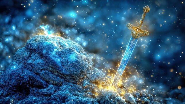 Fototapeta Magical sword in stone, fantasy night scene